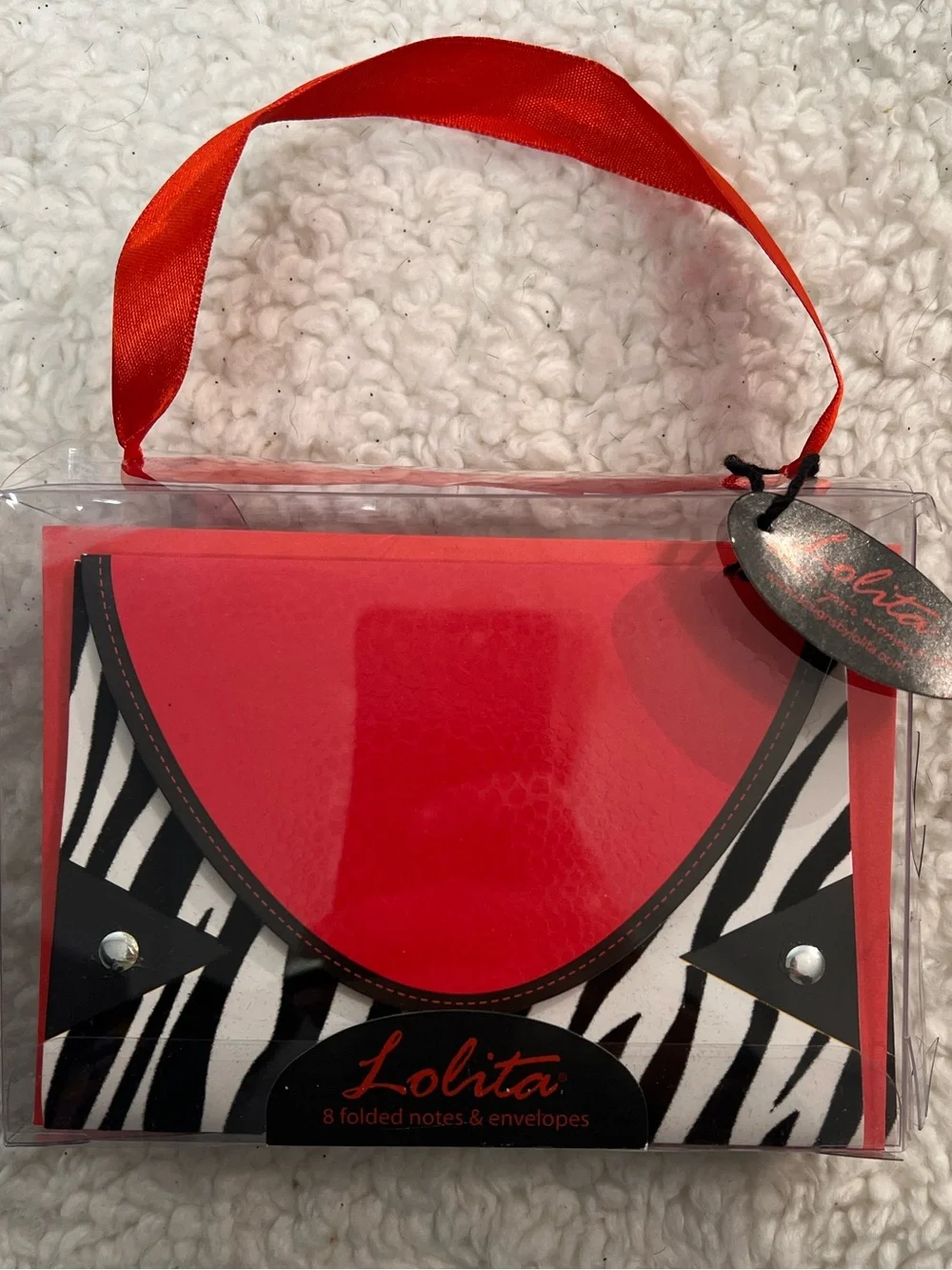Lolita Red & Black Zebra Flocked Blank Tri-Fold Mini Purse Shaped Notecard Set